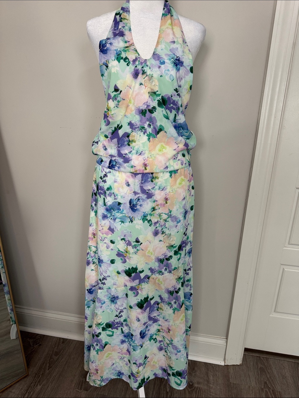 Halter Floral Maxi Dress in Mint and Lavender